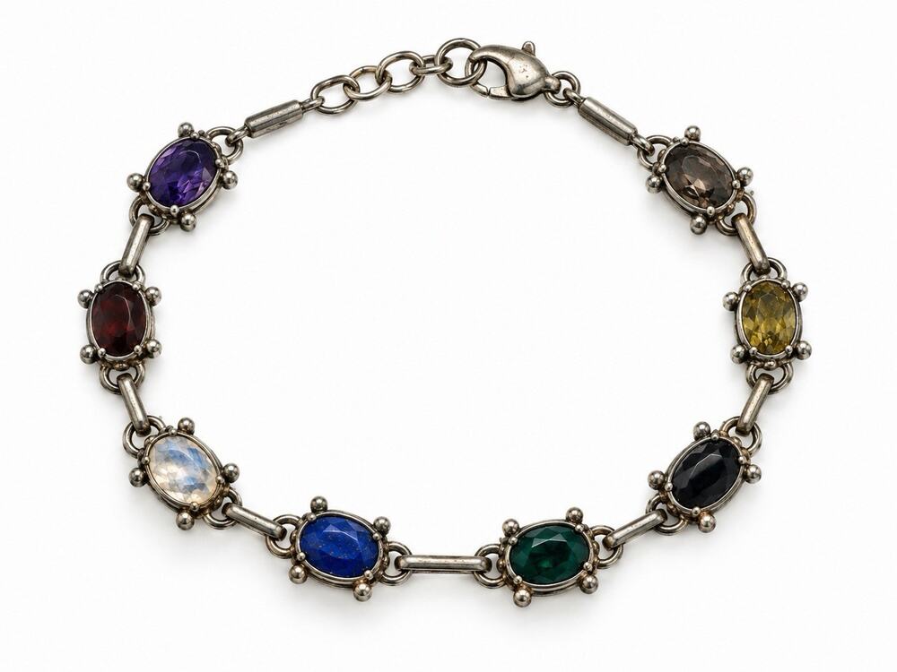 Vintage 925 Sterling Silver Multi-Gemstone Oval Link Bracelet Size 7